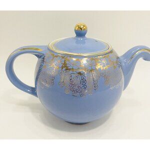 Hall Floral Teapot Periwinkle Blue 6 Cup Gold Flowers 0839 Vintage